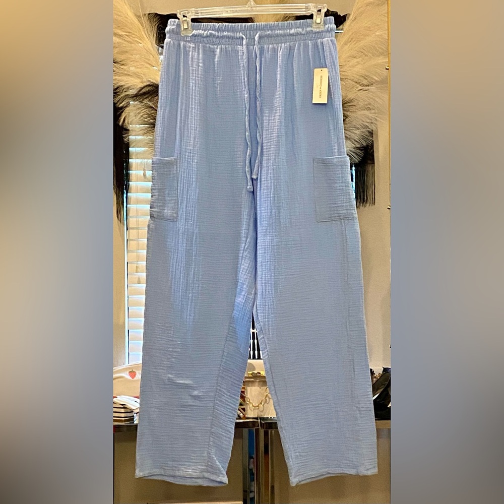 Green Goddess Light Blue Drawstring Gauze  Cargo Pants - Large- NWT!